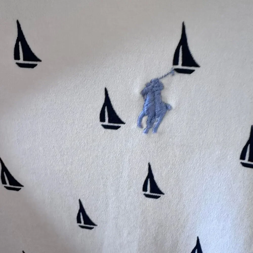 Polo Ralph Lauren Nautical Style Sailboat Print Polo White w/ Navy Blue Sz Med